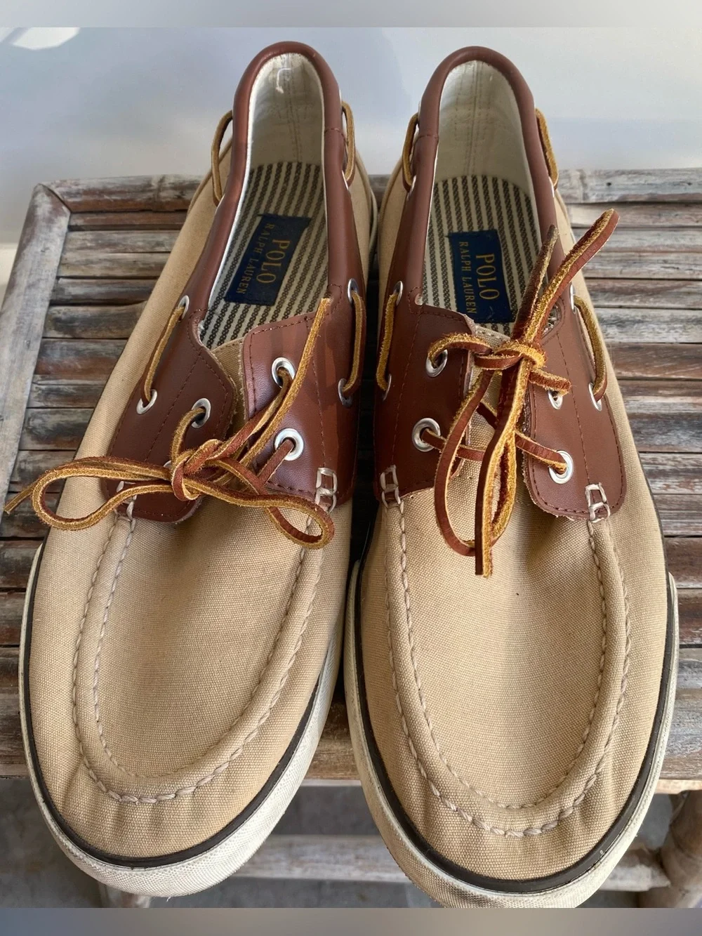 Mens POLO Ralph Lauren tan canvas leather Rylander boat shoes preppy casual 10